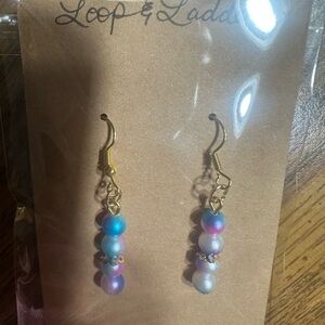 Gold-Tone Gradient Bead Drop Earrings — Blue/Pink/White